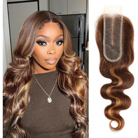 Alher Long Deep Part 2X6 Closure Body Wave Honey Blonde Highlight 16 Inch, Ombre Brown And Blond 2X6 Kim K Transparent Hd Lace Closure Pre Plucked With Baby Hair, #P4/27 Color Real Human Hair