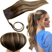 Runature Human Hair Ponytail Extension, Balayage Ponytail Extension Human Hair, Straight Remy Hair Extensions With Magic Paste, 18 Inch 80G #4/27/4 Medium Brown With Honey Blonde Balayage
