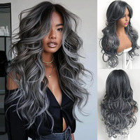 Dark Gray Highlight Layered Wavy Wig With Curtain Bangs For Black Women Synthetic Highlight Ombre Grey Hair Long Dark Gray Natural Body Wave Layered Wig Heat Resistant For Daily Party Use 24 Inch