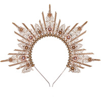 Cosucos Handmade Spiked Halo Crown - Zip Tie Sun Goddess Headband Yellow Pearls Sunburst Virgin Mary Crowns Bridal Crown For Photoshoot Prom Renaissance Hallowoon Cosplay Hair Accessories