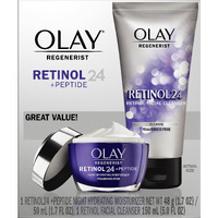 Olay Retinol 24 Duo Pack, Renewing Exfoliating Cleanser, Fragrancefree 5.0 Fl Oz, Night Moisturizer, Fragrance-Free, 1.7 Oz, 4Ct Retinol Cleansing Melts