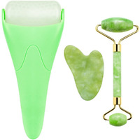 3-In-1 Natural Jade Roller And Gua Sha Set For Face And Eye Ice Roller Facial Cooling Massage Roller (Green Ice Roller + Jade Roller + Gua Sha)