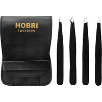 Tweezers Set, Eyebrows Tweezers Set Professional Stainless Steel Tweezers Set - 4 Pieces With Leatherette Travel Case Perfect For Facial Hair, Beauty And Personal Care Tool (Matt Black)