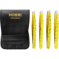 Tweezers Set, Eyebrows Tweezers Set Professional Stainless Steel Tweezers Set - 4 Pieces With Leatherette Travel Case Perfect For Facial Hair, Beauty And Personal Care Tool (Yellow Texture)