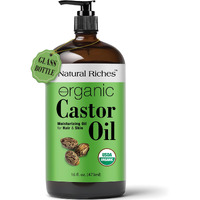 Natural Riches Organic Castor Oil Glass Bottle - Usda Certified, 100% Pure, Unrefined & Cold Pressed - Soothes Dry Skin, Scalp - For Hair Growth & Thicker Eyelashes, Eyebrows - 16 Fl Oz