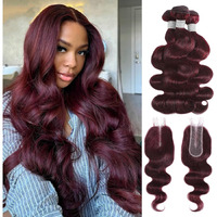 Alher #99J Dark Burgundy Body Wave Bundles With 2X6 Closure, Purplish Wine Red Color 3 Bundles With 2X6 Long Deep Part Closure With Baby Hair, 100% Real Human Hair 16 18 20 +16 Inch