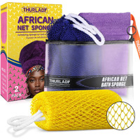 Thurlady African Net Sponge Authentic With Knots, African Scrub Bath Net, 2 Pieces Exfoliating Body Back Scrubber For Shower, Gentle Exfoliating Washcloth, With 1 Soap Bag (Navy & Yellow)