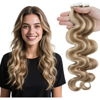 Elailite Wavy Tape In Hair Extensions Human Hair Body Wave Real Remy Hairpieces Golden Brown & Bleach Blonde 16 Inch 50G 20Pcs Invisible Seamless Skin Weft Best Tape For Women