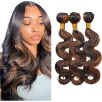 Niciitysi Ombre P1B30 Body Wave Bundles Human Hair Highlight Brown 3 Bundles 10 12 14 Inch Two Tone Black Mixed With Brown Bundle Double Weft Brazilian Hair Extensions Silky And Soft