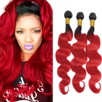 1B/Red Body Wave Human Hair Bundles 14 16 18 Inch Double Weft Brazilian Virgin Remy Hair Extensions Two Tone Black Roots To Red Human Hair Bundles Soft And Silky For Women
