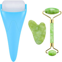 3-In-1 Natural Jade Roller And Gua Sha Set For Face And Eye Ice Roller Facial Cooling Massage Roller (Light Blue Ice Roller + Jade Roller + Gua Sha)