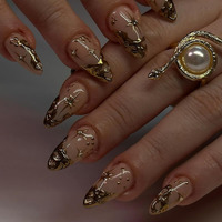 24 Pcs Fall Winter Press On Nails Short Almond - Yefiuo Clear Fake Nails Press Ons Gold Paste Y2K French Nail Art Tip Full Cover Acrylic False Nails Glue On Nails Kit With Rhinestones Design For Women