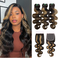 Hermous 13A Double Drawn Highlight 4X4 Closure With Bundles Body Wave Human Hair, 4X4 Hd Lace Closure Free Part Virgin Hair Thick Weft #F1B/27 Honey Blonde Ombre 3 Bundles And Closure 14 16 18+14 Inch