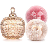 Luxury 4 Inch Glass Loose Powder Container With 2 Soft 3.5"" Puffs|Non-Sealed Refillable Organizer Storage For Body Powder Makeup & Jewelry & Setting Applicator(Crown-Amber)