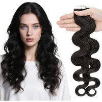Elailite Wavy Tape In Hair Extensions Human Hair Body Wave Real Remy Hairpieces Natural Black 22 Inch 50G 20Pcs Invisible Seamless Skin Weft Best Tape For Women