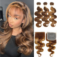 Alher 4/27 Honey Blonde Highlight 3 Bundles With 5X5 Lace Closure (16 18 20 + 16) Body Wave Bundles With Closure Balayage Ombre Brown Human Hair