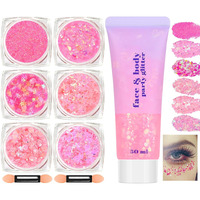 Freeorr Pink Face And Body Hair Glitter Gel, Party Concerts Cheer Face Paint Holographic Chunky Festival Rave Accessories Glitter Makeup, 6 Kinds Of Sparkling Sequins For Hair Nail Eye Lip Body
