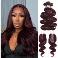 Alher #99J Dark Burgundy Body Wave Bundles With 2X6 Closure, Purplish Wine Red Color 3 Bundles With 2X6 Long Deep Part Closure With Baby Hair, 100% Real Human Hair 10 12 14 +10 Inch
