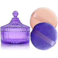 2 Pack Extra Large 5.2"" Beige & Purple Powder Puffs And 5.3"" Glass Container - Oversized Soft Body & Face Large Powder Puff Dusting Powder Jar Holder Case(Purple Glass)