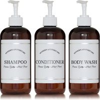 Amber Refillable Shampoo And Conditioner Bottles - Body Wash, Shampoo And Conditioner Dispenser - Pet Plastic Shampoo Bottles Refillable With Pump - Waterproof Labels - 16 Oz, 3 Pack (White Plastic)