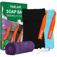 Thurlady Reusable Deep Exfoliating Soap Bag, 2 Pack Bar Soap Pouch, With 1 African Net Sponge, Exfoliating Body Scrubber, Shower Sponge For Body, Bath Loofah, With 1 Travel Pouch