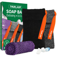 Thurlady Exfoliating Soap Bag, 2 Pack Bar Soap Pouch, With 1 African Net Sponge, Exfoliating Body Scrubber, Body Sponges For Shower, Bath Loofah, Bathing Accessories, With 1 Travel Pouch