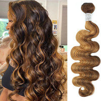 Alher 4/27 Honey Blonde Highlight Body Wave Ombre Human Hair Bundle 12 Inch Brown Colored Bundles 12A 100% Brazilian Virgin Remy Human Hair Soft Wavy Weave 4/27 Highlight Color