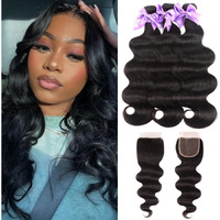 Body Wave Human Hair Bundles With Closure20 22 24+18Inch 3 Bundles Brazilian Virgin Hair With 4X4 Hd Lace 100% Unprocessed Natural Black Hair Extensions For Black Women