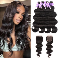 Human Hair Body Wave Bundles 4 Bundles With Closure 18 20 22 24+16 Inch10A 100% Unprocessed Brazilian Virgin Hair Natural Black Hair Extensions For Black Women