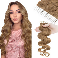 Hairro 20 Inch Wavy Tape In Hair Extensions Human Hair Thin Long Hair 50G 20Pcs/Pack Seamless Skin Weft Glue In Body Wave Human Hairpieces With Invisible Double Sided Tape #27 Dark Blonde
