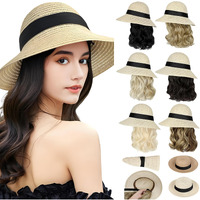 Cephermer Sun Hat, Straw Hat Wig Detachable Adjustable Cap With 12 Inch Synthetic Wavy Hair Extensions Foldable For Women Summer Beach Outdoors Dark Brown