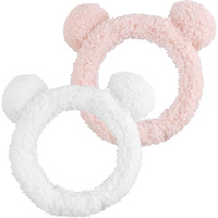 Yission 2Pcs Bear Ears Spa Headband No Slip Head Band For Face Wash Makeup Skincare Facial Headband Elastic Hair Band Carol Fleece Headbands For Women Girls (White Pink)