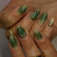 Short Almond Press On Nails Fake Nails With 3D Gold Sun Star Handmade False Nails Design Artificial Stick On Nails For Women Girls 30 Pcs (Green-8, M-8)