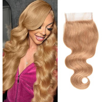 5X5 Honey Blonde Human Hair Closure Transparent Lace #27 Color Body Wave Closure Free Part Bleached Konts Raw Remy Hair Pre Plucked With Babyhair 18 Inch