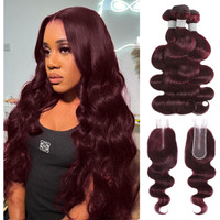 Alher #99J Dark Burgundy Body Wave Bundles With 2X6 Closure, Purplish Wine Red Color 3 Bundles With 2X6 Long Deep Part Closure With Baby Hair, 100% Real Human Hair 14 16 18+ 14 Inch