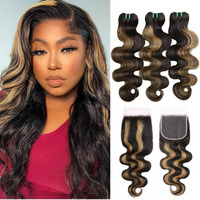 Hermous 13A Double Drawn Highlight 4X4 Closure With Bundles Body Wave Human Hair, 4X4 Hd Lace Closure Free Part Virgin Hair Thick Weft #F1B/27 Honey Blonde Ombre 3 Bundles And Closure 10 12 14+10 Inch