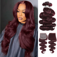 Alher 12A 99J Dark Burgundy Body Wave Bundles With 5X5 Closure Human Hair, 99J Purplish Wine Red Color Hd 100% Unprocessed Virgin Remy Hair For Women 3 Bundles With 5X5 Lace Closure 12 14 16+12 Inch