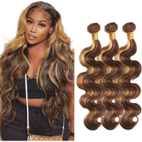 P4/27 Highlight Blonde Bundles Human Hair Body Wave Bundles Human Hair 12 12 12 Inch Brazilian Hair 3 Bundle Brown Unprocessed Virgin Remy Hair Extensions 50 Gram Per Bundle