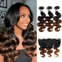 Auroo Ombre Bundles With Frontal 13X4 Body Wave 22 24 26+20, 12A Virgin Glossy Colored Dark Brown Chestnut Ombre Human Hair Bundles With 13X4 Closure Frontal Ear To Ear Free Part #T1B/2/30 Weaves Weft