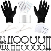 Bodyj4You 36Pc Pro Body Piercing Kit - Nose Septum Ear Cartilage Lip Belly Navel Tragus Eyebrow - Black Steel 14G 16G Bcr Cbr Ring Barbell Spike - Tools Needles Gloves Clamps