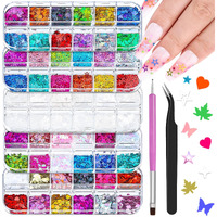 5 Boxes 60 Colors Holographic Nail Art Sequins Kit, Iridescent Sparkle Laser Hollow 3D Star Butterfly Heart Round Mixed-Shapes Nail Glitter Flakes For Manicure Body Makeup Craft Diy (1-Colorful-Kit1)