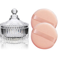 2 Pack Extra Large 5.2"" Beige Powder Puffs And 5.3"" Glass Container - Oversized Soft Body & Face Large Powder Puff Dusting Powder Jar Holder Case(Clear Glass)