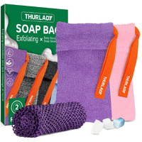 Thurlady Exfoliating Soap Bag, 2 Pack Soap Saver Bag, With 1 African Net Sponge, Exfoliating Body Scrubber, Bath Sponges For Shower, Bath Loofah, Bathing Accessories, With 1 Travel Pouch