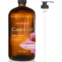 Essentially Kates Castor Oil 16 Fl Oz (Glass Bottle) - Camelia Japonica + Rosemary - A Huge Glass Bottle With A Pump - 100% Pure And Natural, Cold Pressed, And Hexane-Free - Hair, Body