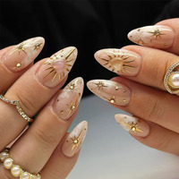 Imsohot Press On Nails Medium Almond Fake Nails Golden Sun, Moon, Heart Pattern Glue On Nails Full Cover Glossy Artificial Cute Nude Stick On False Nails For Women Girls 24Pcs