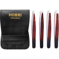 Tweezers Set, Eyebrows Tweezers Set Professional Stainless Steel Tweezers Set - 4 Pieces With Leatherette Travel Case Perfect For Facial Hair, Beauty And Personal Care Tool (Wooden Texture)
