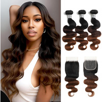 Auroo Chestnut Brown Ombre Bundles With Closure Human Hair Body Wave, 12A T1B/2/30 Medium Brown 3 Tone Colored Human Hair 3 Bundles With 4X4 Hd Lace Closure Free Part Brazilian Virgin Remy 12 14 16+10