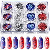12 Boxes Independence Day Star Glitters Holographic Nail Art Decals Red Blue Silver Mixed Star And Hollow Star Shaped Nail Sequins 4Th Of July Nail Decals For Diy Nail Art Eye Face Body Decor Crafts
