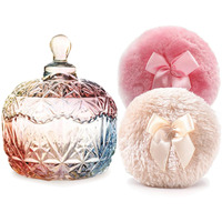 Luxury 4 Inch Glass Loose Powder Container With 2 Soft 3.5"" Puffs|Non-Sealed Refillable Organizer Storage For Body Powder Makeup & Jewelry & Setting Applicator(Crown-Colorful)