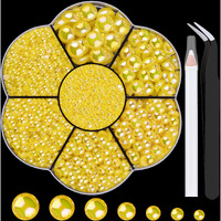 Nail Art Flat Back Half Round Pearl Kits 30, 1 Box Of 6000 Pcs Flat-Back Lemon Yellow Ab Pearl With Tweezer And Picker Pencil For Home Diy Nails Body Face Craft And Salon Use